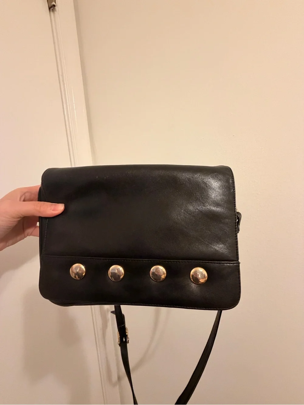 Vintage Black Leather Crossbody Bag with Gold Stud Accents